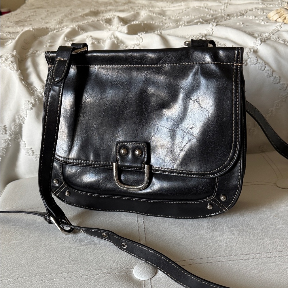 Mondani Black Vegan Leather Vintage Crossbody Bag with Buckle Detail